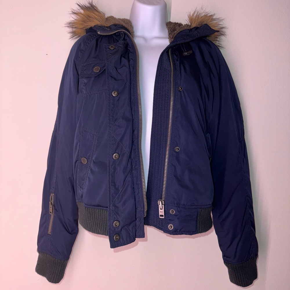 American Eagle Outfitters Navy Coat with Faux Fur